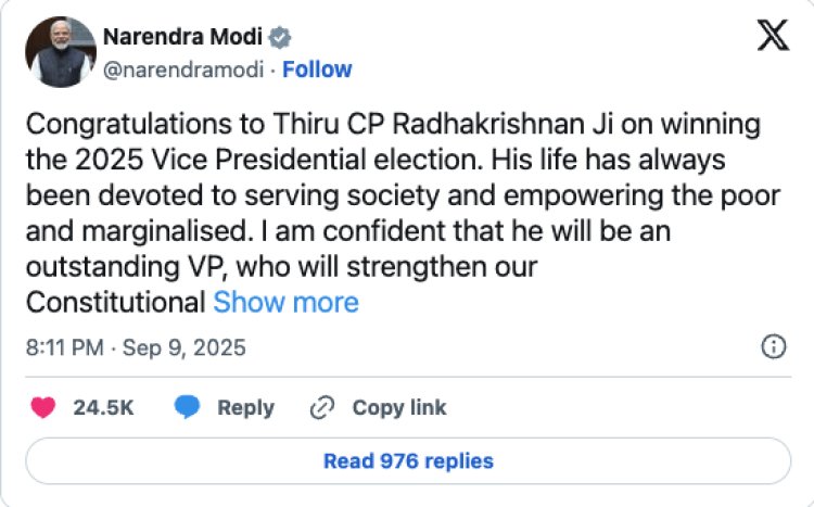 प्रधानमंत्री मोदी ने थिरु सी.पी. राधाकृष्णन को 2025 के उपराष्ट्रपति चुनाव जीतने पर बधाई दी